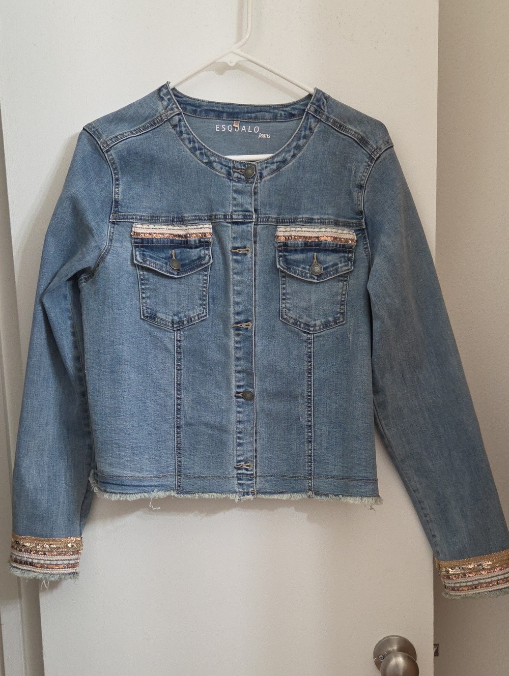 Esqualo Bronze Sequin Metallic Trim Collarless Denim Jacket Size 12 Stretchy